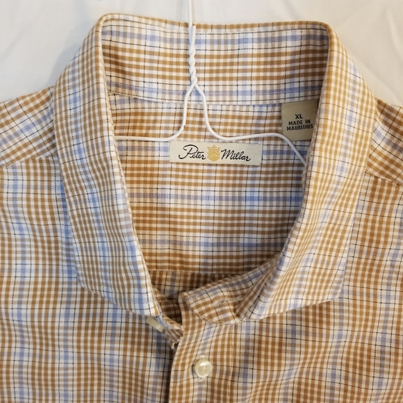 Peter Millar Short Sleeve Button Up Shirt Tan Blue Check Plaid XL - Picture 14 of 16